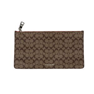 Coach Coated Signature C Logo Pouch Brown Orange Clutch Zip